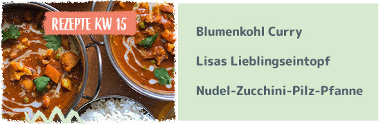 Rezept KW 15 Blumenkohl Curry, Lisas Lieblingeintopf, Nudel-Zucchini-Pilzpfanne