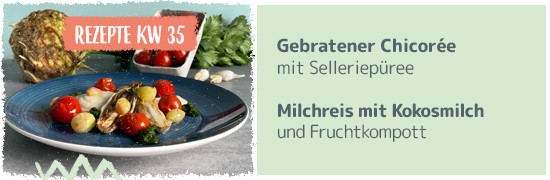 Teaser Kachel KW35 2023 - Gebratener Chicorée mit Selleriepüree ; Milchreis mit Kokosmilch und Fruchtkompott