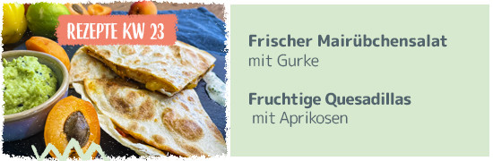 Rezept KW 23 Frischer Mairübchensalat mit Gurke Fruchtige Quesadillas mit Aprikose