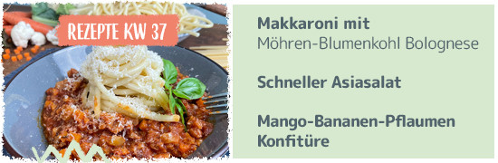 Rezeptkachel KW 37 2023 - Makkaroni mit Möhren Blumenkohl Bolognese