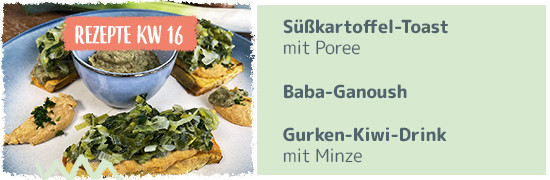 Rezept KW 16 Süßkartoffeltoast mit Poree, Bana Ganoush, Gurken-Kiwi-Dink mit Minze