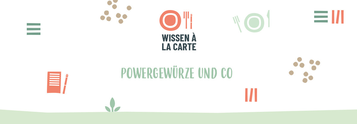 KI generiert: Das Bild zeigt ein Design mit dem Text "Wissen à la Carte" und "Powergewürze und Co" in der Mitte, umgeben von verschiedenen grafischen Symbolen wie Bestecken und Notationselementen. Der Fokus liegt auf einem kulinarischen oder bildungsbezogenen Thema.