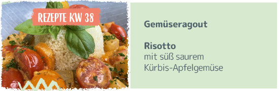 Teaser Kachel KW 38 2023 - Gemüseragout, Risotto mit süß saurem Kürbis-Apfelgemüse